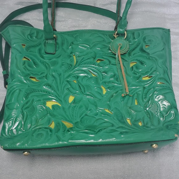 Patricia Nash Handbags - Patricia Nash Adeline Soft Green Leather Floral Embossed Tooled Tote Bag Brass